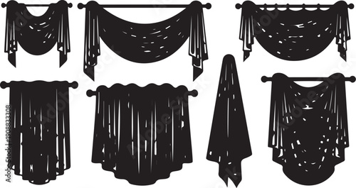 Collection of black curtain silhouettes with various designs and styles
