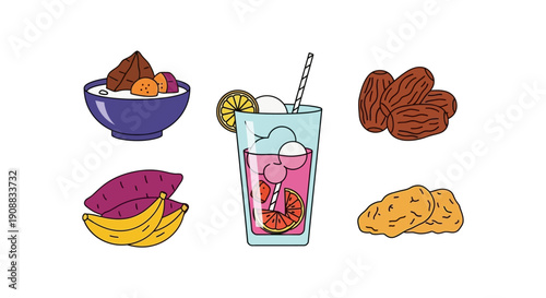 Healthy food and beverage collection colorful illustrations on white background