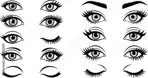 Black and white vector set of female eye silhouettes with long eyelashes, different eyebrow shapes, winking eyes, and makeup icons.