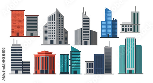 Collection of modern office buildings and skyscrapers in various designs