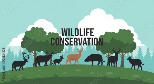 Wildlife conservation concept diverse animals and trees in a natural landscape flat vector illustration for environmental awareness and education