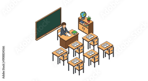 Isometric classroom illustration with teacher desk blackboard and student desks