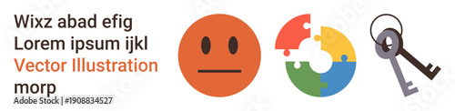 Emotional expression, problem-solving, security, brainstorming, teamwork, access. Neutral face, multicolored puzzle pieces and two keys. Emotional expression and problem-solving