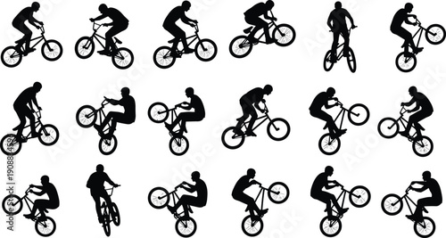 BMX, rider, silhouette, set, vector, illustration, black, bicycle, stunt, extreme, sport, bike, trick, jump, cycle, cycling, action, athlete, competition, active,