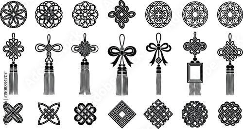 Chinese, knot, tassel, set, vector, illustration, black, silhouette, oriental, traditional, asian, ornament, decoration, cultural, symbol, luck, craft, ethnic, graphic, collection,