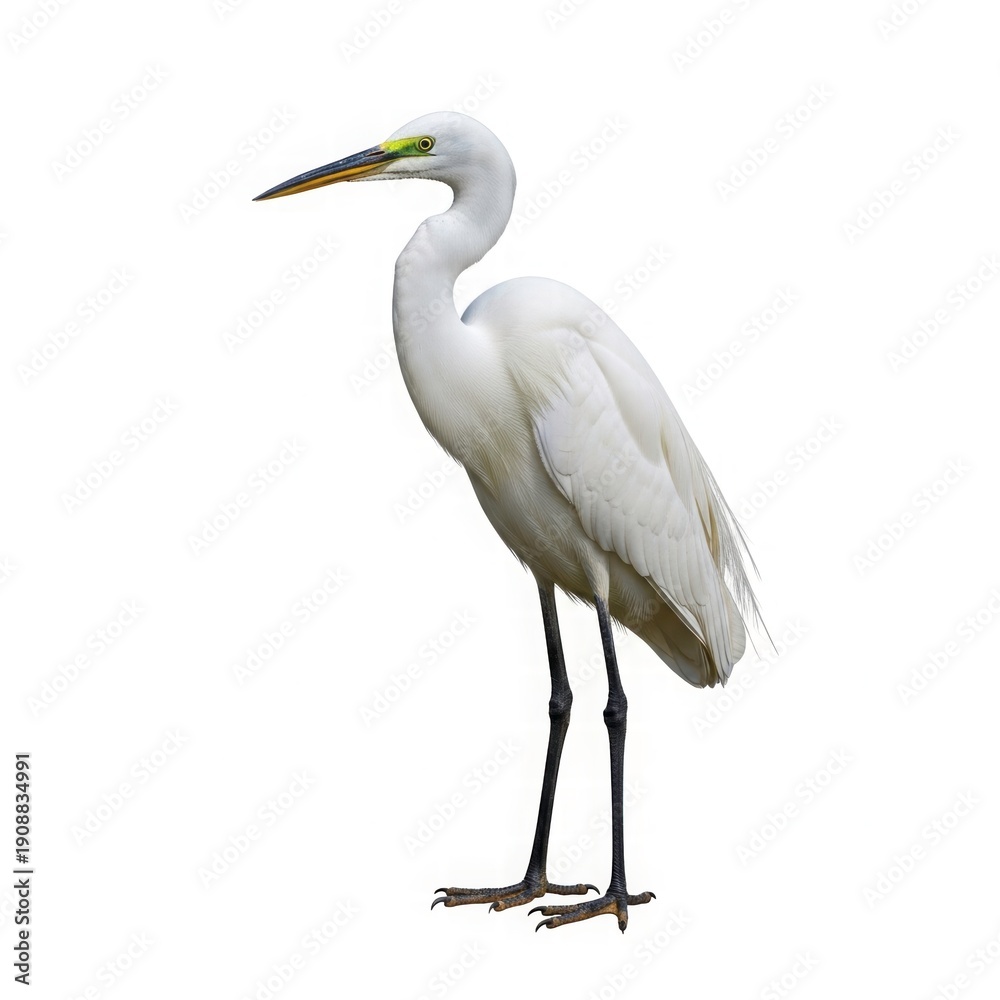 Obraz premium Graceful Egret Profile: A pristine egret stands in elegant profile, showcasing its stark white plumage, long neck, and slender legs. capturing its regal poise and natural beauty.