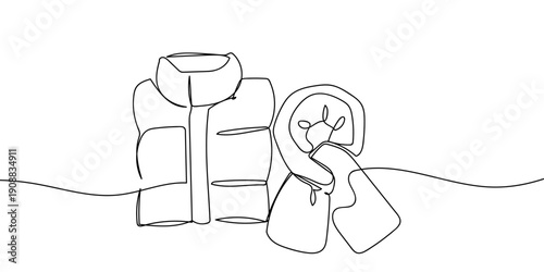 Continuous line drawing of a padded jacket and scarf. single line vector illustration Editable stroke.