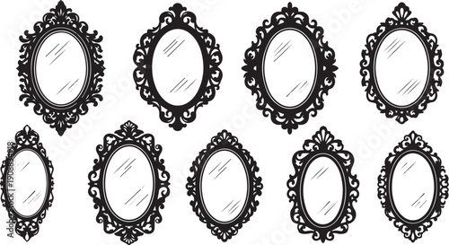 Set of ornate black picture frames with white background