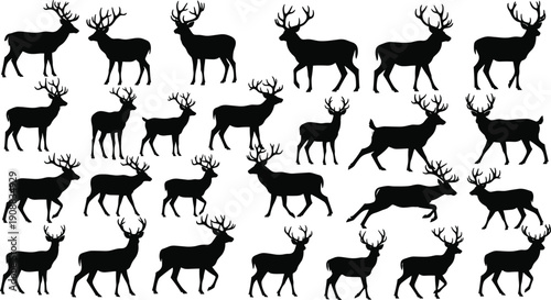 Deer, stag, silhouette, set, vector, illustration, black, reindeer, buck, antlers, wildlife, animal, nature, forest, hunting, fauna, collection, trophy, graphic, horn,