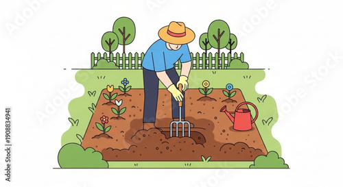 Man gardening in backyard planting flowers and vegetables with shovel and watering can