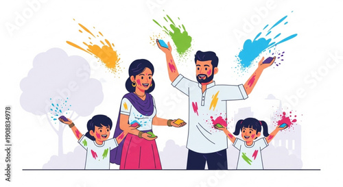 Happy Indian family celebrating Holi festival with colorful powder illustration of joy and togetherness vector art for festive events