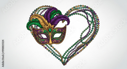 Mardi gras mask with purple green and gold feathers and beads forming a heart shape on white background for festive celebration