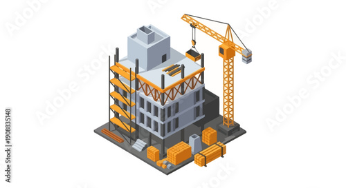 Isometric view of a building under construction with a crane and materials