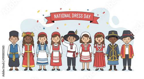 Diverse group of people wearing traditional national dresses celebrating cultural heritage with confetti