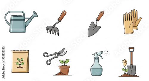 Gardening tools and supplies for planting and nurturing including watering can gloves and fertilizer