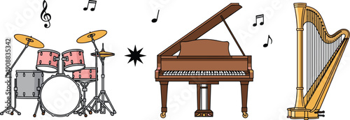 Musical, instrument, set, piano, drums, harp, vector, illustration, classical, jazz, orchestra, music, notes, performance, sound, entertainment, concert, equipment, acoustic, band,