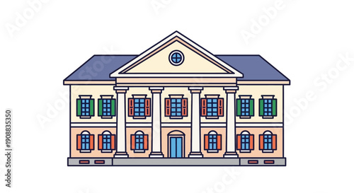Illustrated classic building vector with columns windows and roof on white background