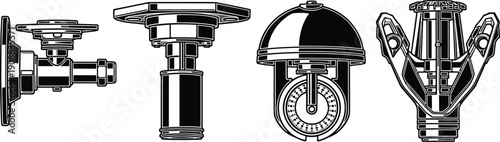 Mechanical, component, valve, part, set, vector, illustration, black, silhouette, industrial, engineering, plumbing, hardware, pipe, fitting, equipment, system, technician, tool, collection,