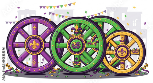 Mardi gras colorful wheel decorations with purple green and gold fleur de lis symbols festive confetti and bunting