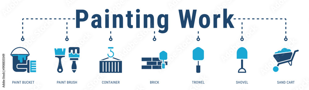Fototapeta premium Painting Work banner showing surface preparation and painting tools used in building finishing and renovation processes