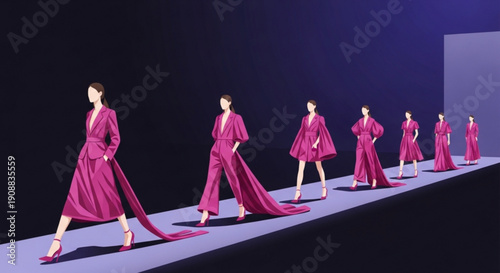 Fashion models walking on a runway in elegant magenta outfits showcasing haute couture designs for a stylish presentation isolated on a gradient b