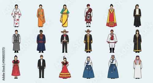 Collection of diverse people in traditional cultural clothing representing global diversity and heritage flat vector illustration for design