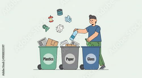 Man sorting recyclable waste into bins for plastics paper and glass illustration for environmental awareness and sustainability concepts