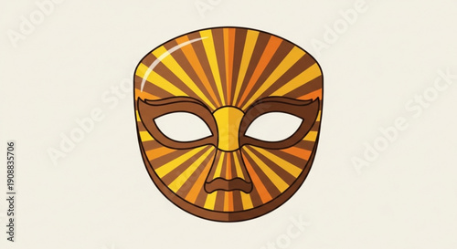 Vibrant orange and brown striped mask with sunburst design on neutral background
