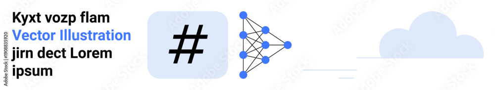 Obraz premium Hash symbol inside a square, network node diagram linked by lines, and a cloud. Ideal for technology, machine learning, data processing, cloud computing, algorithms, networking simple landing page