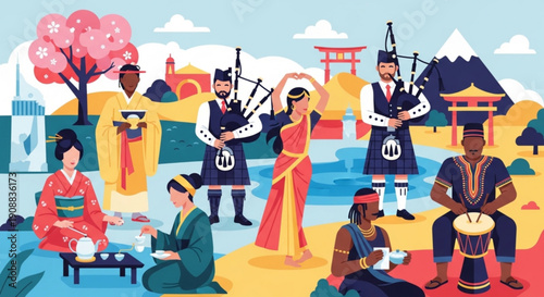 Cultural fusion scene with people in traditional japanese and scottish attire enjoying tea and music outdoors