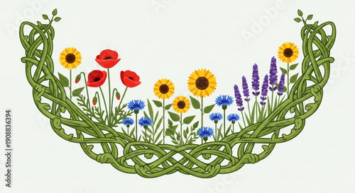 Colorful floral wreath with sunflowers poppies and lavender on green celtic knot background