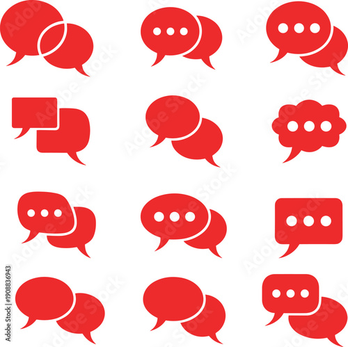 Flat vector illustration of red speech bubbles, chat icons, communication symbols, messaging design, dialogue interface, conversation, digital, social media
