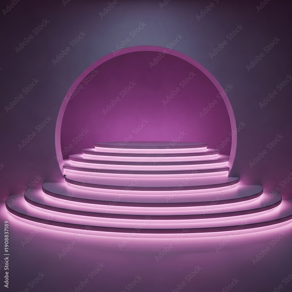 Obraz premium Futuristic concrete display wall with glowing magenta curved podiums 8K.