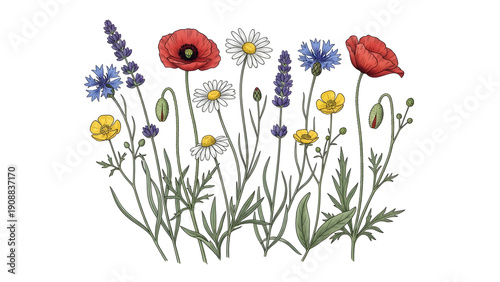 Field Wildflower Bouquet Illustration With Poppies, Daisies, Cornflowers, and Lupines. Colorful illustration of a meadow wildflower bouquet featuring red poppies, white daisies and blue cornflowers