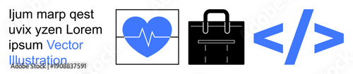 Healthcare, business solutions, coding, technology, digital tools, professional services. Blue heart pulse, black briefcase blue coding symbol. Healthcare and business solutions concept