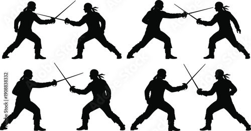 Set of Fencing Duel Silhouettes with Two Swordsmen in Action Combat Poses Isolated as Black Vector Figures on White Background