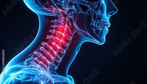Human Cervical Spine Pain Illustration: X-Ray View with Inflammation and Neural Connections