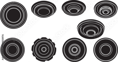 Black and white concentric circles design elements set