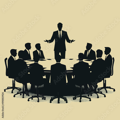 The image is a vector illustration depicting a business meeting