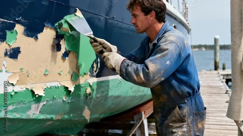 Medium view of a sailor scraping old antifouling paint from a boat hull preparing the surface for new protective layers to prevent marine growth.