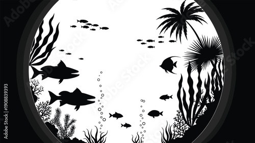 Collection of black underwater silhouettes featuring sharks fish coral and seaweed inside a circular frame with palm trees isolated on white for marine vector.