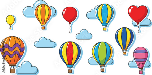 Collection of colorful hot air balloon illustrations and heart shaped balloons flying among blue clouds isolated on white background for travel vector design.
