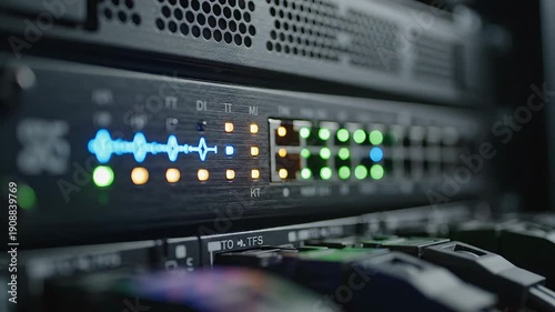 A detailed close-up of a sophisticated network switch or router, prominently displaying an array of blinking LED indicator lights and multiple active ports, symbolizing robust data transmission, high.