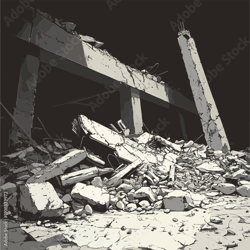 A stylized illustration depicting the remains of an industrial building buried under a pile of rubble