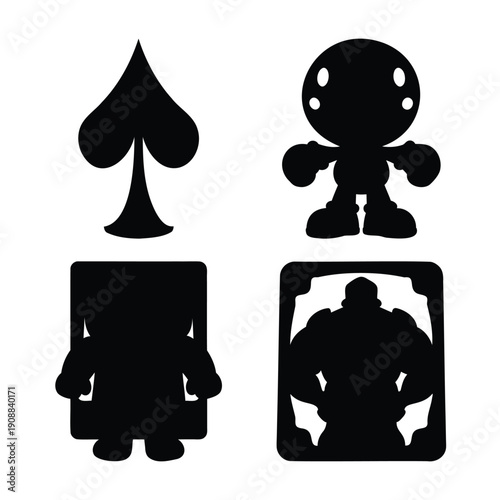Collection of black silhouettes featuring a spade card symbol, a robot, and a strong character