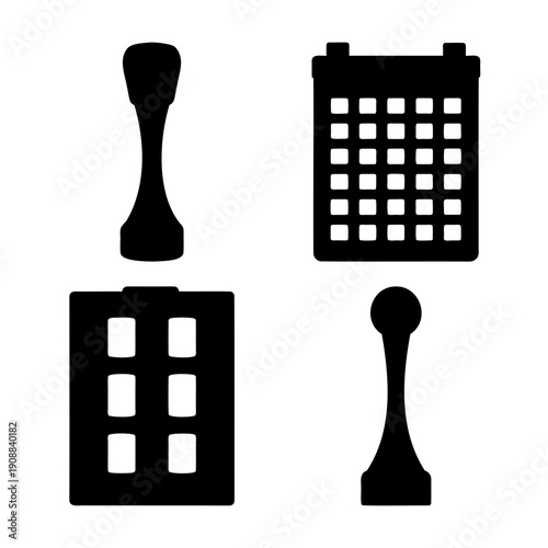 Diverse collection of black silhouette icons featuring a calendar, building, and game pieces on white background