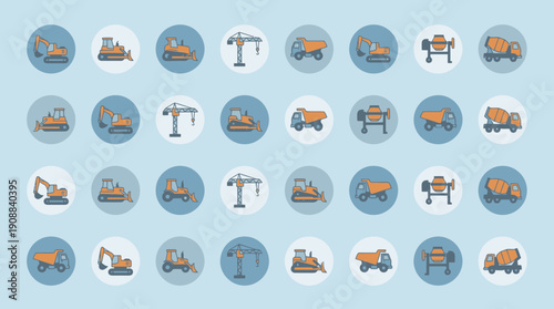 Construction vehicles icons for industrial and engineering projects