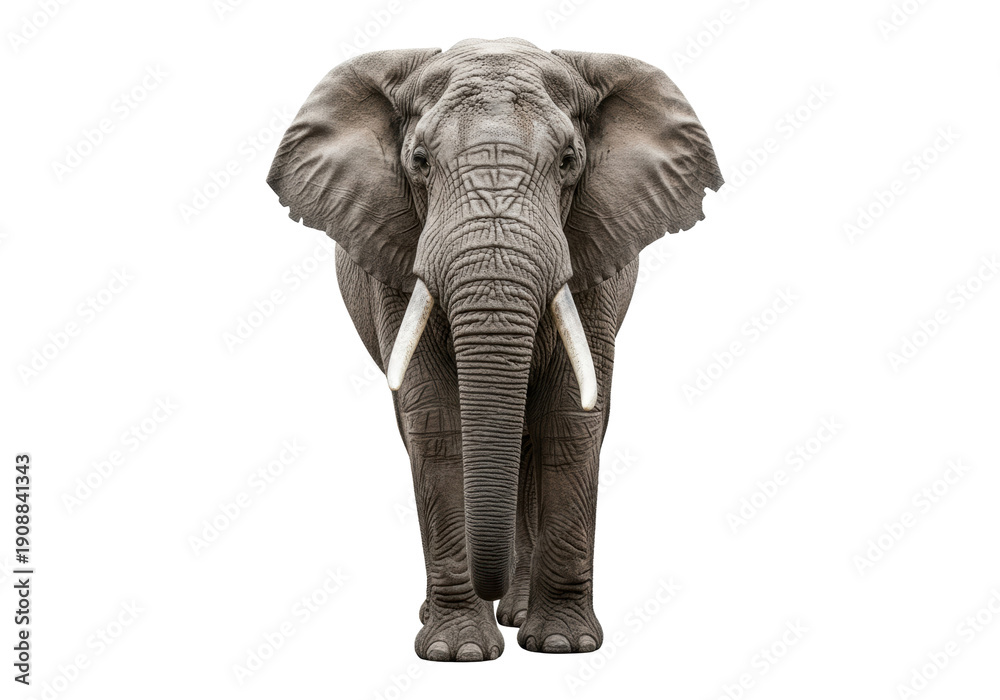 Obraz premium a majestic african bush elephant, full-length, with thick grey wrinkled skin and massive tusks, stares intensely at the camera on a transparent studio background. Concept of wild nature authority