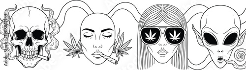 Collection of line art illustrations featuring skull, female faces, and alien head smoking joints with cannabis leaves isolated on white background for lifestyle vector.