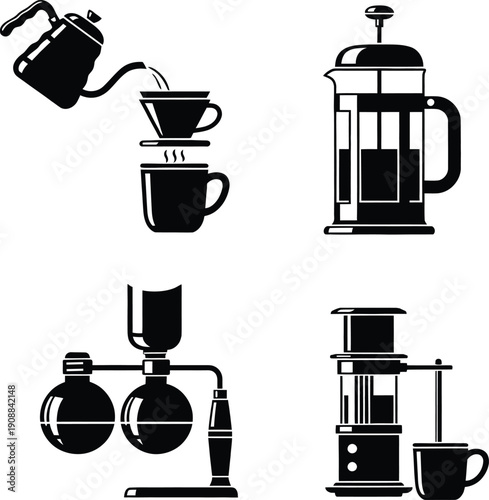 Coffee brewing methods icons set with pour over dripper french press siphon and aeropress equipment isolated on white background for cafe menu design.